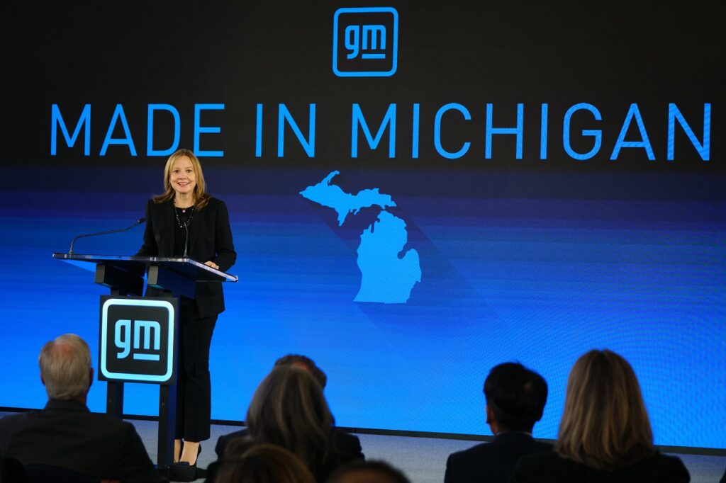Mary Barra, la présidente de GM, le 25 janvier 2022, lors de l'annonce des investissements dans le Michigan. (© Steve Fecht pour General Motors)