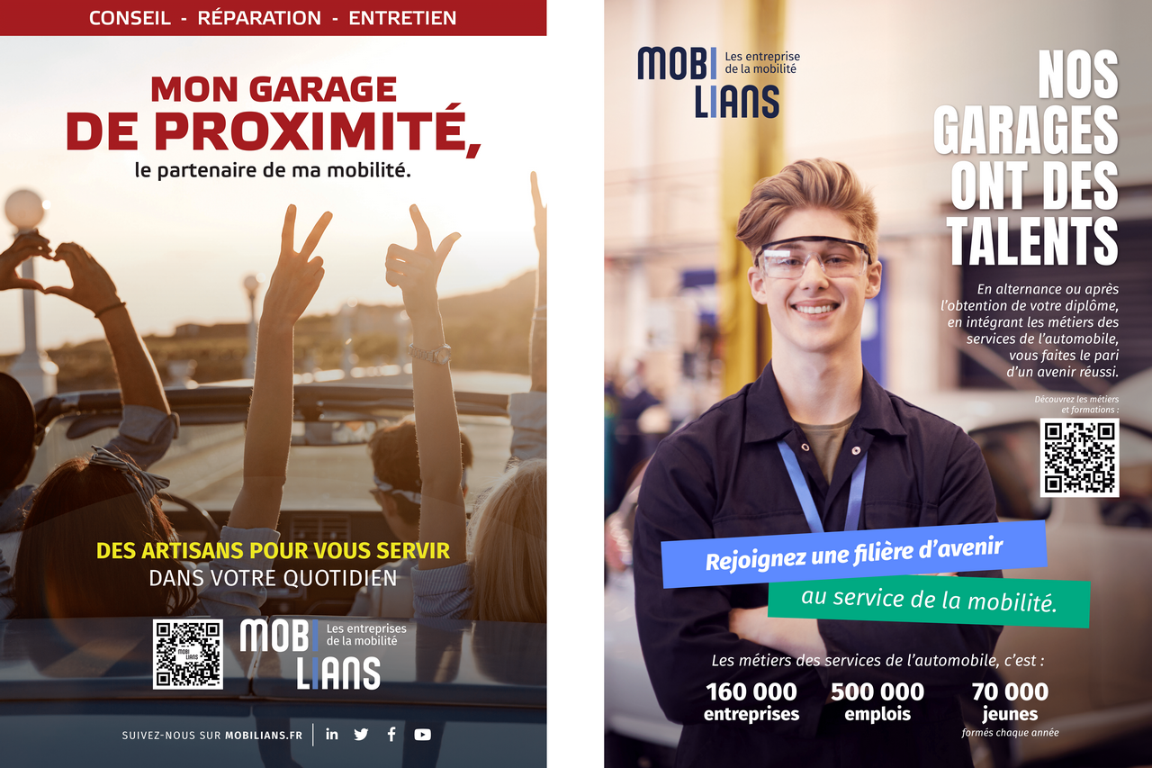 Avec ces deux affiches, Mobilians veut assurer la promotion des métiers de la réparation automobile. © Mobilians