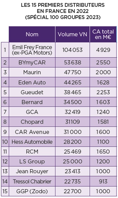 Tableau montrant le classement des 15 premiers distributeurs automobiles en France en 2023